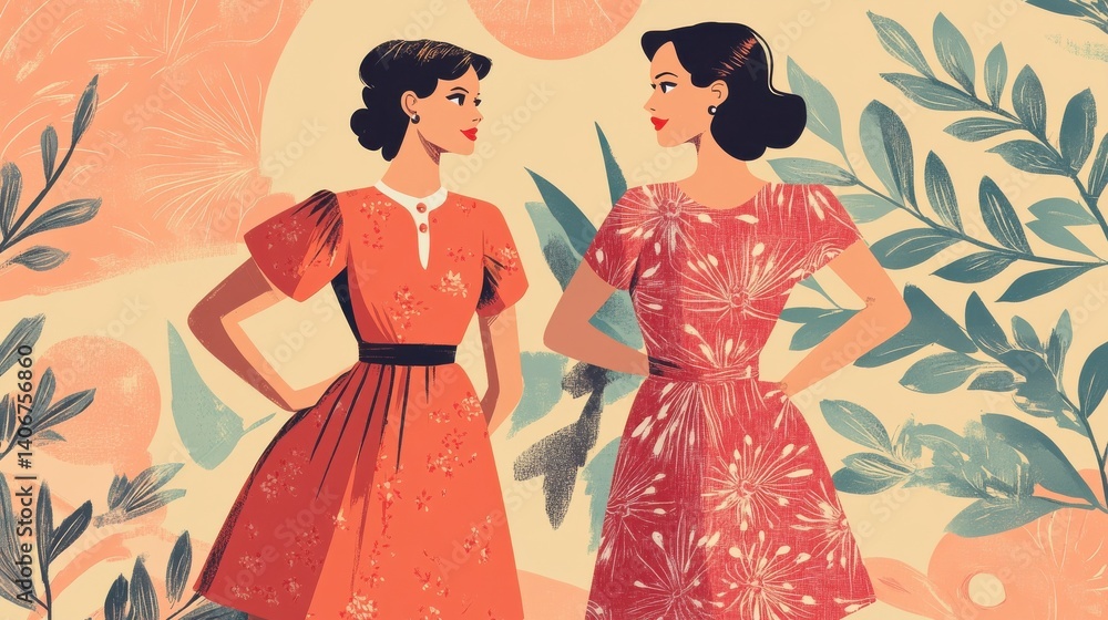 Fototapeta premium two women wearing vintage dresses illustration