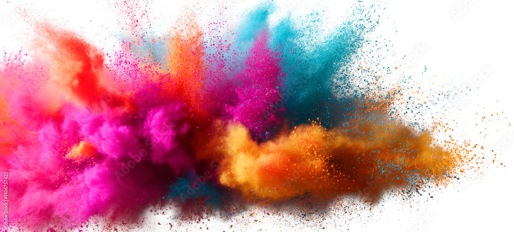 Fototapeta premium Multicolored Holi powder explosion on a white background. Panoramic view. Vibrant Splash of Rainbow Paint on White Background. Beautiful swirling colorful smoke. 