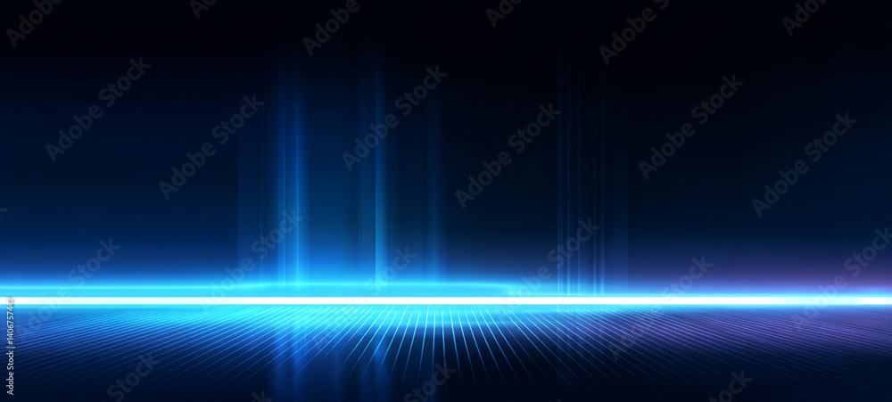 A dark room with a blue glowing floor and a blue glowing rectangle in the distance. A vibrant blue light beam radiating from a central point, Abstract Blue Light