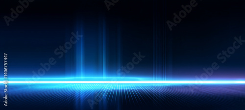Obraz na płótnie A dark room with a blue glowing floor and a blue glowing rectangle in the distance. A vibrant blue light beam radiating from a central point, Abstract Blue Light w salonie