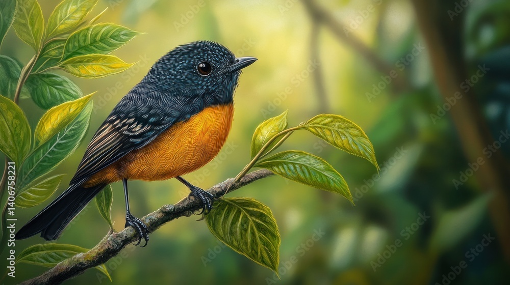 Fototapeta premium Small bird with orange and blue plumage perched on a branch in a lush green forest setting.