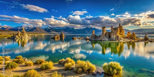 Sun-drenched tufa towers rise from Mono Lake, a scenic Eastern Sierra Nevada landscape in California.