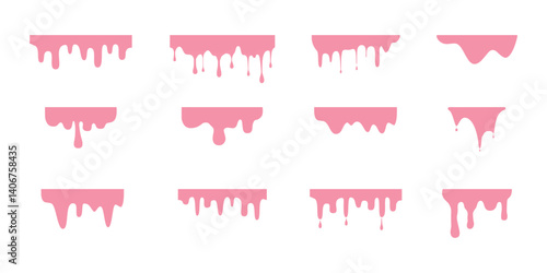 A set of flowing melted strawberry cream. Liquid drips or liquid sauce drop. Melted paint drips or flowing sweet cream isolated on white background.