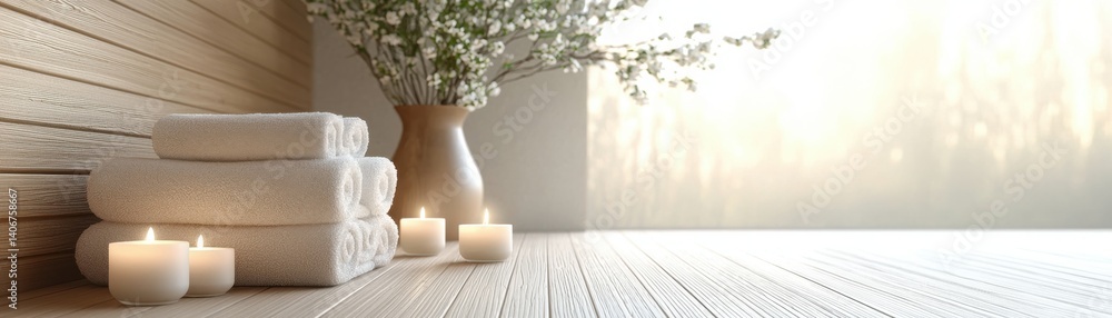 A serene spa setting featuring neatly stacked towels, soft candles, and a vase of flowers, creating a tranquil atmosphere. A serene spa setting featuring neatly stacked towels, soft candles, and a vase of flowers, creating a tranquil atmosphere.