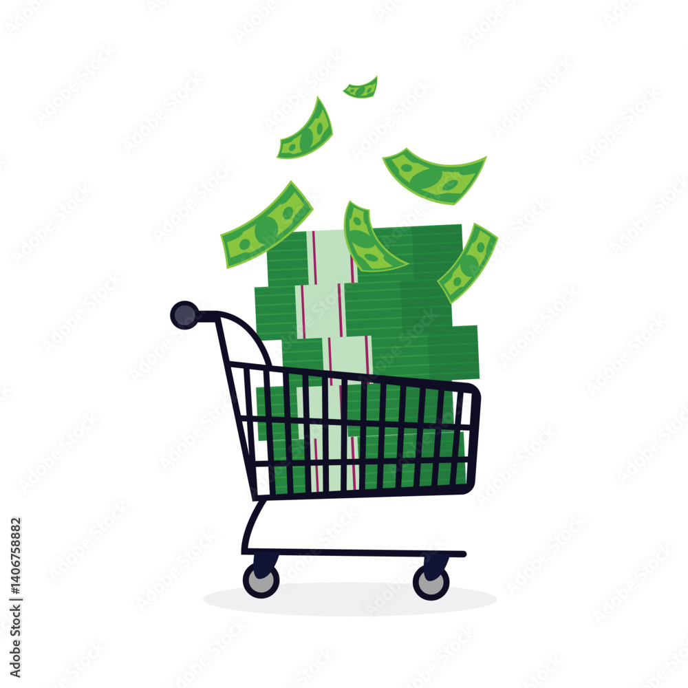 Money or dollar placed on shopping cart or trolley vector isolated for financial or business concept design. Success investor, rich, making money from business or investment, income, bank Money or dollar placed on shopping cart or trolley vector isolated for financial or business concept design. Success investor, rich, making money from business or investment, income, bank