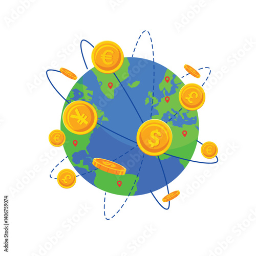 Global Economy Currency vector illustration. Flat Vector Conceptual Illustration of Global Money Exchange, Foreign Currency Trading. Currency exchange, international money transfer or foreign exchange