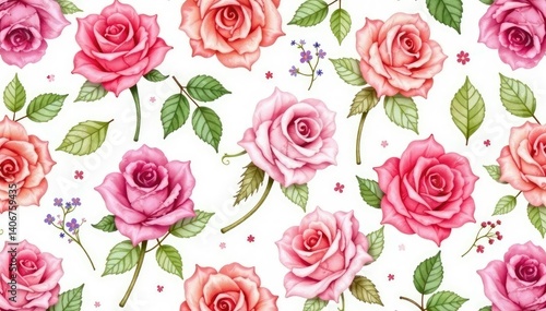 Delicate watercolor roses in soft pastel hues, forming a repeating pattern , floral, leaves, bud