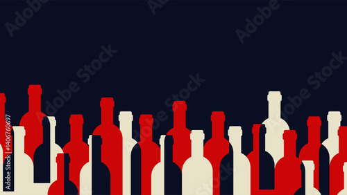 Blue background with row of white and red alcohol bottles. Vector flat banner.