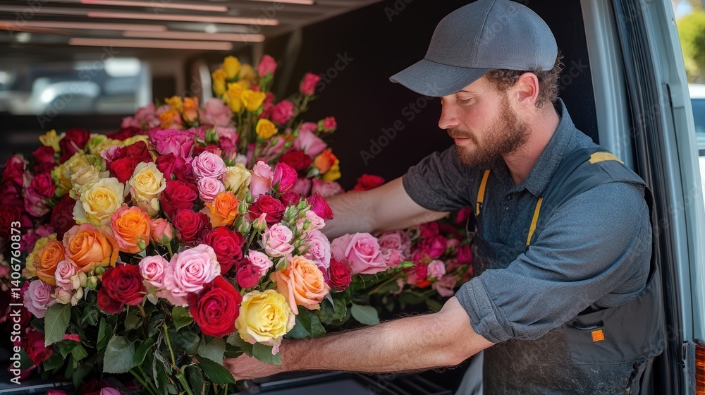 Florist arranging a large bouquet of roses in a delivery van. Florist arranging a large bouquet of roses in a delivery van.