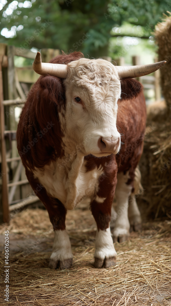 A stately brown and white bull standing on hay. Its strong form and curled horns showcase its power in a natural farm setting. A stately brown and white bull standing on hay. Its strong form and curled horns showcase its power in a natural farm setting.