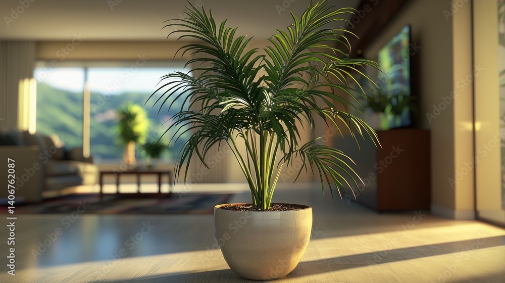 Fototapeta premium Modern living room with a potted palm tree, bathed in morning sunlight. Floor to ceiling windows overlooking a scenic mountain view. Cozy and sophisticated interior design