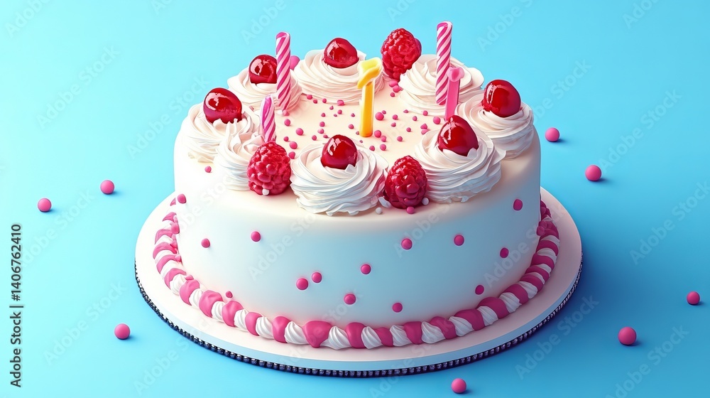A white frosted cake decorated with raspberries and candles on a light blue background A white frosted cake decorated with raspberries and candles on a light blue background