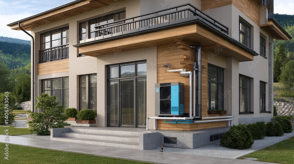 Modern two-story house exterior with energy-efficient installation on the side Modern two-story house exterior with energy-efficient installation on the side