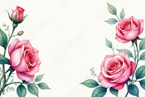 Delicate watercolor roses & leaves, soft hues, background, seamless