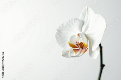 Delicate white orchid blossom against pure white backdrop, bloom, clean