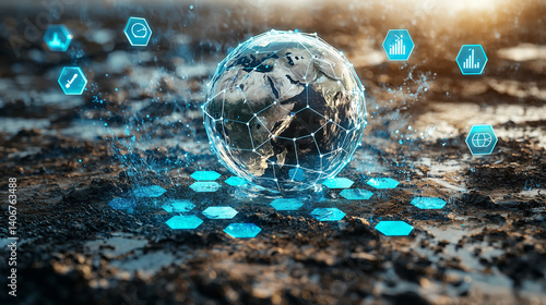 Distressed Earth Globe on Cracked Desert Landscape with Water Data Icons and Recycling Symbols, Climate Crisis Visualization