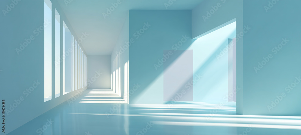 Abstract blue and white geometric background with light effects Sunlit modern building interior staircase, abstract background