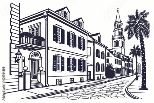 Line art of Charleston streets with colonial buildings – South Carolina, USA
