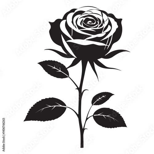 Black and white silhouette, single  rose with leaves vector illustration, and white background 