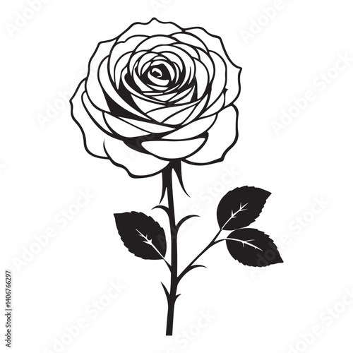 Black and white silhouette, single  rose with leaves vector illustration, and white background 