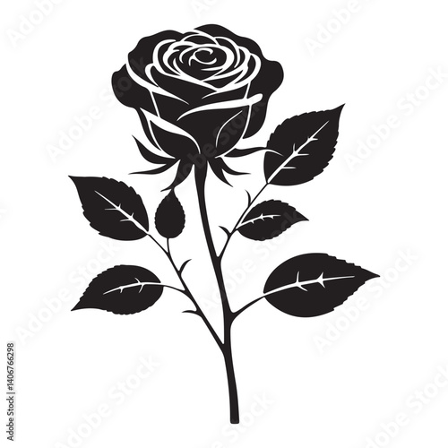 Black and white silhouette, single  rose with leaves vector illustration, and white background 
