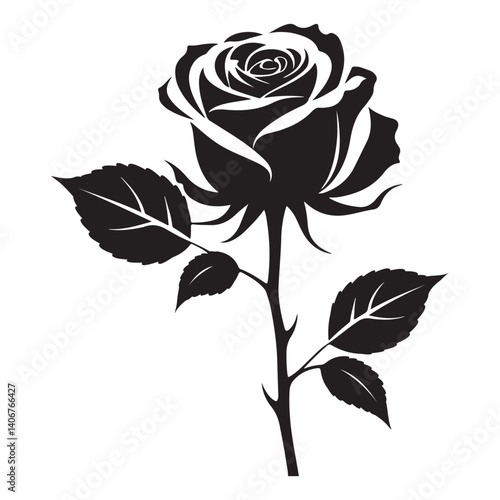 Black and white silhouette, single  rose with leaves vector illustration, and white background 