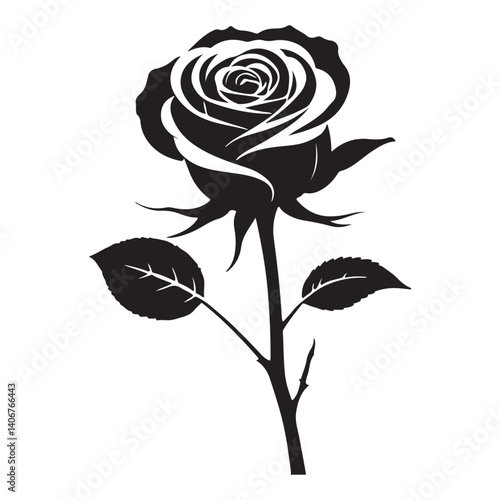 Black and white silhouette, single  rose with leaves vector illustration, and white background 