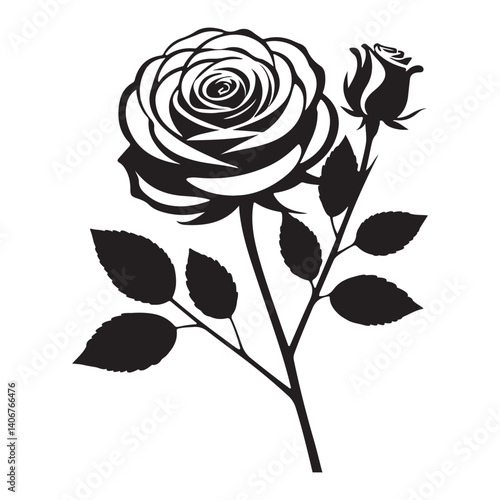 Black and white silhouette, single  rose with leaves vector illustration, and white background 