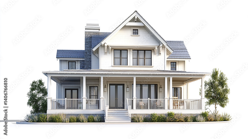 Charming American house with porch and gable roof on white background Charming American house with porch and gable roof on white background