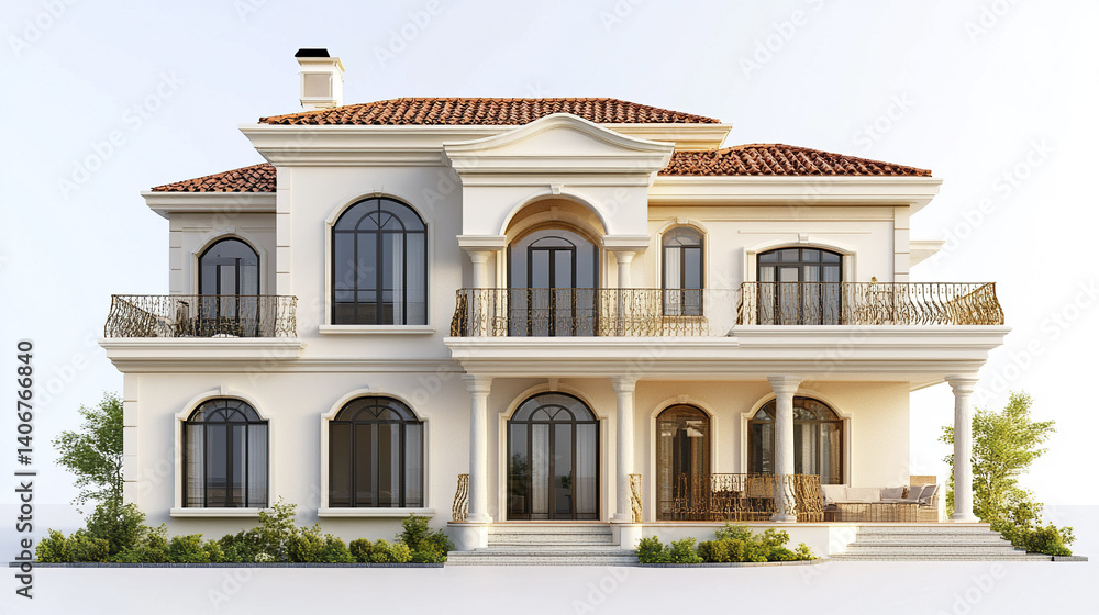 Elegant two story house with arches and balconies, featuring red tiled roof Elegant two story house with arches and balconies, featuring red tiled roof