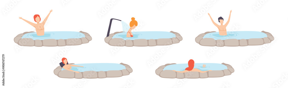 Fototapeta premium People Character Relaxing in Spring Thermal Pool or Bath Vector Set