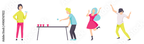 People Character Resting and Drinking Cocktails at Bar or Nightclub Vector Set