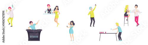 People Character Resting and Drinking Cocktails at Bar or Nightclub Vector Set