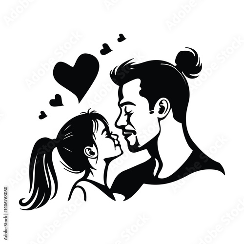 Father and daughter in a heart frame black silhouette isolated white background
