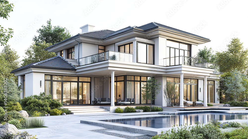 Elegant modern house with large windows and pool, surrounded by lush greenery Elegant modern house with large windows and pool, surrounded by lush greenery