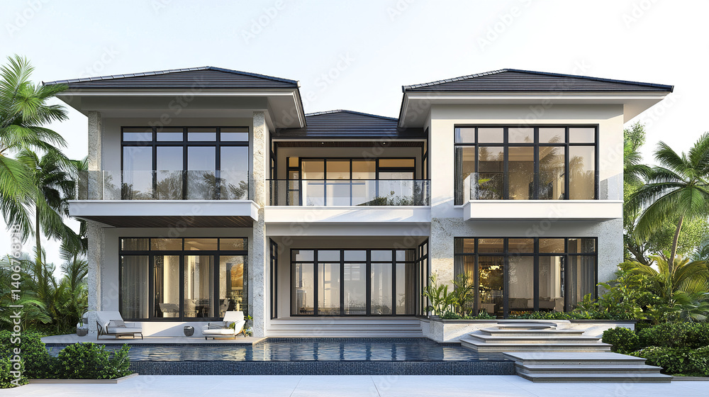 Modern two story house with large windows and pool, surrounded by lush greenery Modern two story house with large windows and pool, surrounded by lush greenery