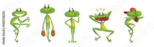 Cute Green Frog Croaking and Leaping Animal Vector Set