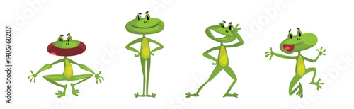 Cute Green Frog Croaking and Leaping Animal Vector Set