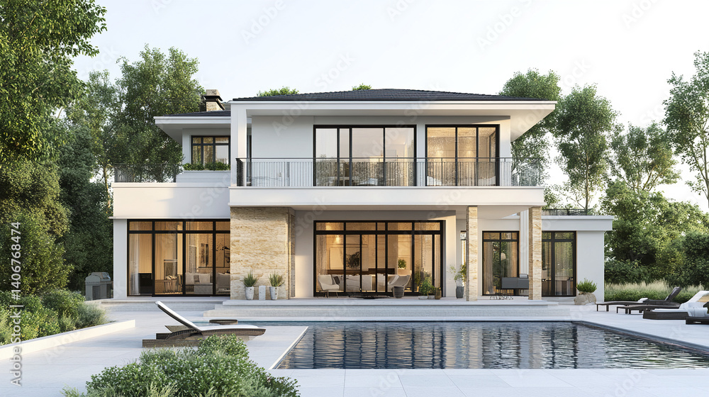 Modern two story house with pool and lush greenery Modern two story house with pool and lush greenery