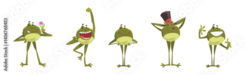 Cute Green Frog Croaking and Leaping Animal Vector Set