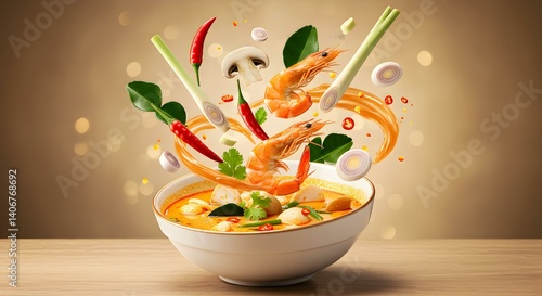 Asian soup Tom Yum with flying ingredients