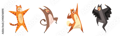 Man and Woman Dressed in Onesie Representing Various Animal Vector Set