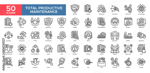 Total Productive Maintenance collection set. Total Productive Maintenance, Maintenance , Performance, Quality Management, Teamwork, Efficiency , Inspection, Report, icon. Simple flat vector illustrati