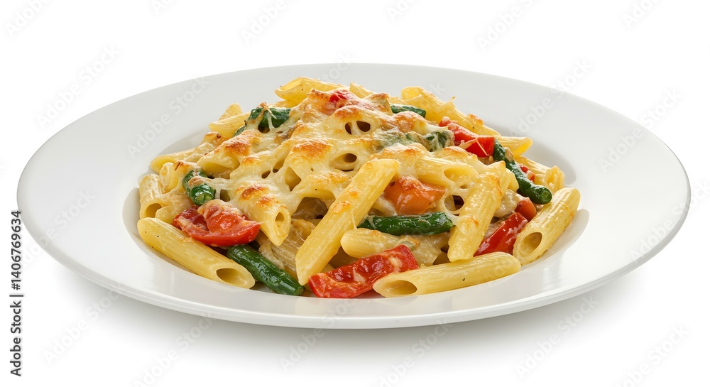 Tom yummy baked pasta served isolated on plain white background Tom yummy baked pasta served isolated on plain white background