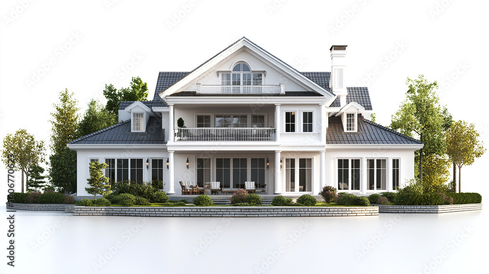 Elegant resort style American house with lush greenery Elegant resort style American house with lush greenery