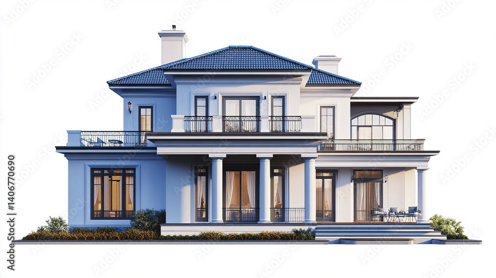 Fototapeta premium Elegant resort style American house with blue roof and large windows