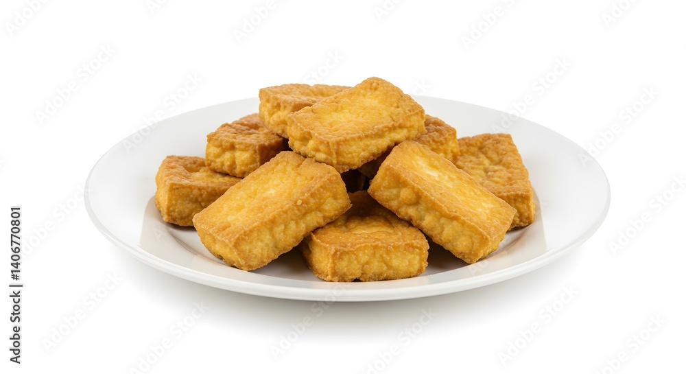 Fried tofu on plate isolated on a white background Healthy food Fried tofu on plate isolated on a white background Healthy food