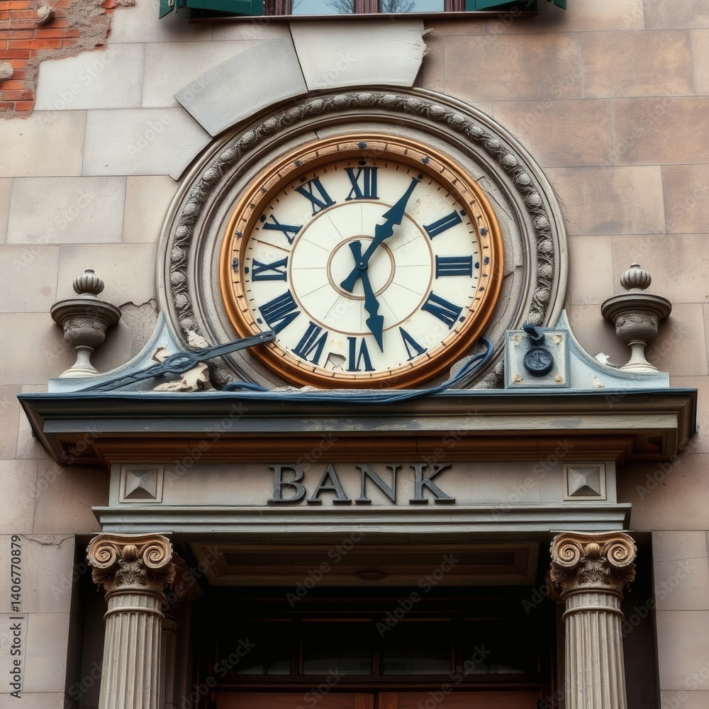 Fototapeta premium A crumbling bank façade with a stressed, time-worn clock above.