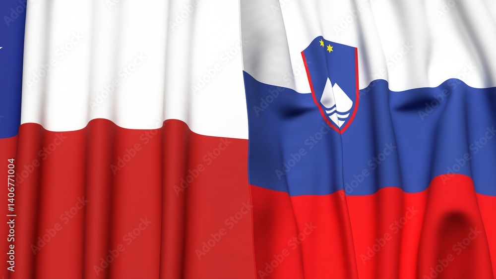 Fototapeta premium Flags of CHILE and SLOVENIA with realistic cloth texture