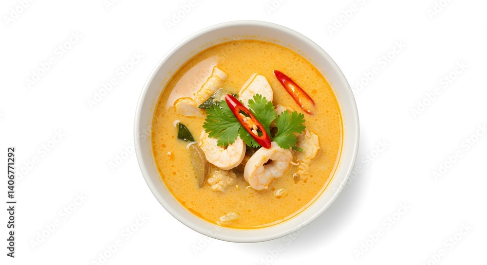Spicy Thai coconut milk soup isolated Top view creamy soup Spicy Thai coconut milk soup isolated Top view creamy soup